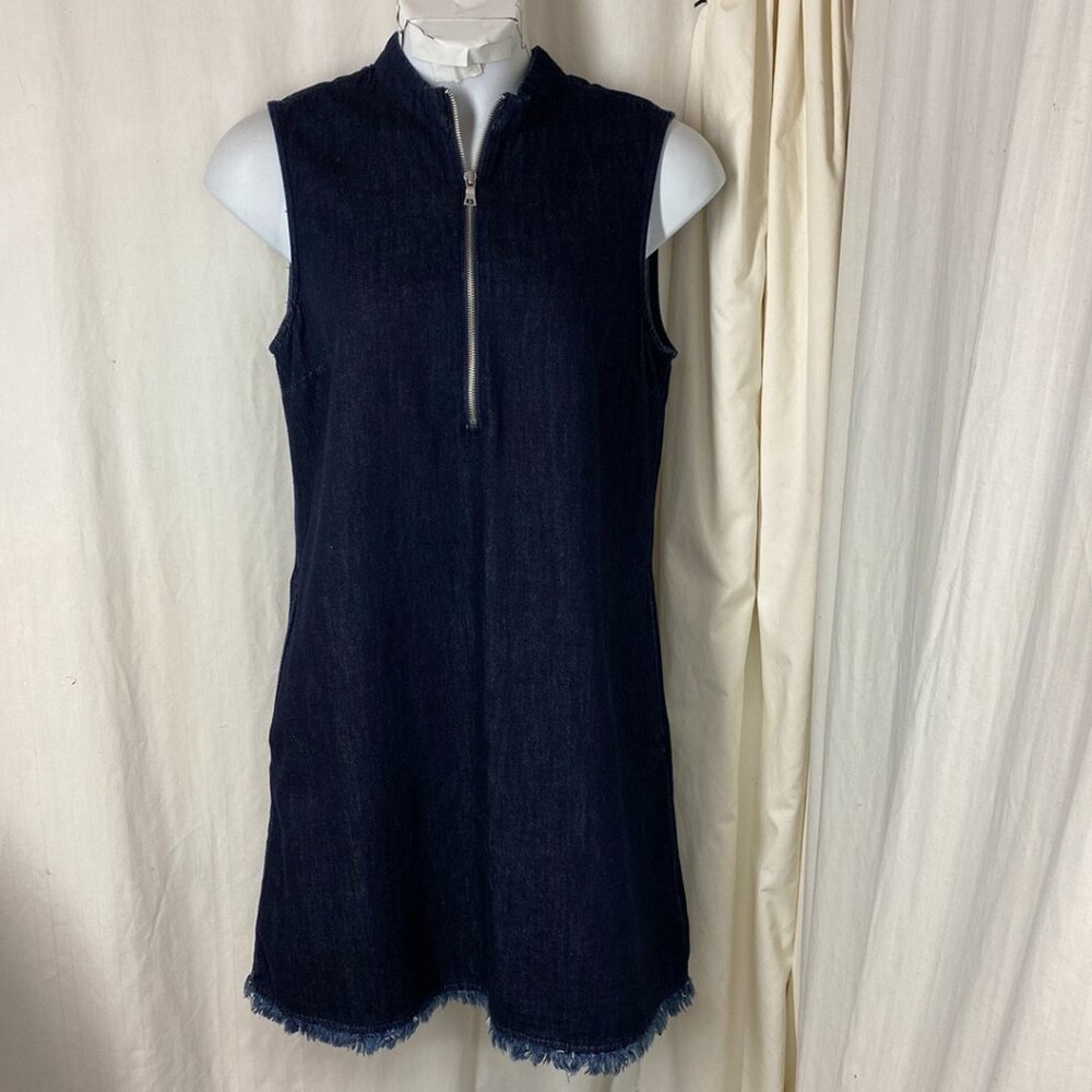 GAP 1969  LT L T Denim Sleeveless Dress Zipper Front Fringe Hem
